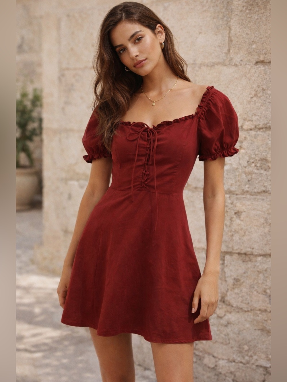 Smocked Red Puff Sleeves Front Tie up Mini Dress Romantic Summer Dress